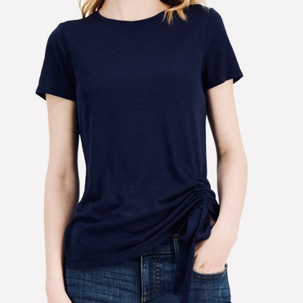 INC International Concepts Women Short Sleeve Navy Ruched Top Size Small